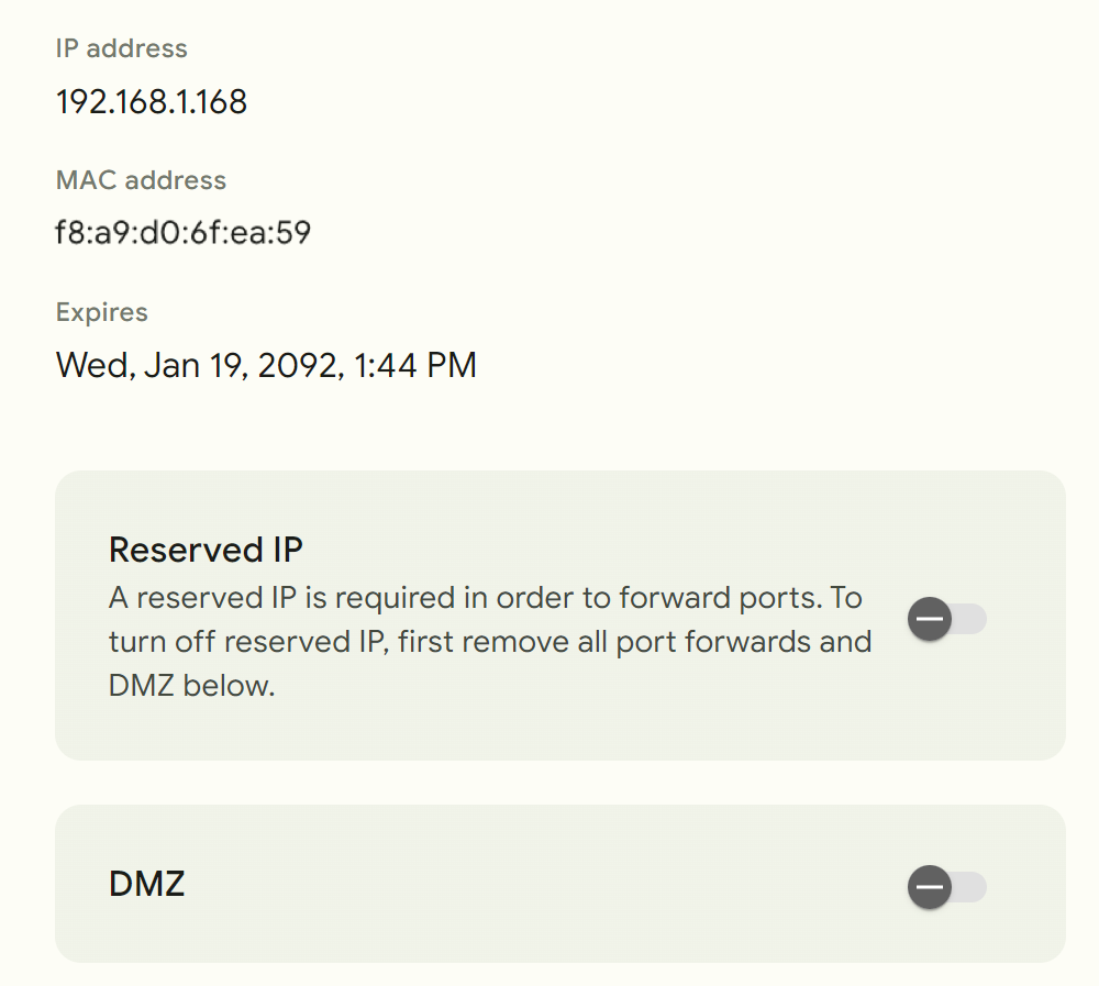 The Device details screen within the GFiber customer portal. The selected device displays its local IP address, MAC address, and expiration date. At the bottom of the screen are toggles for "Reserved IP" and "DMZ".