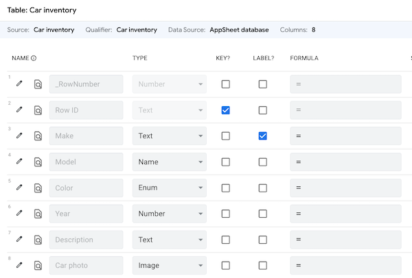 The Data page of the app in the app editor