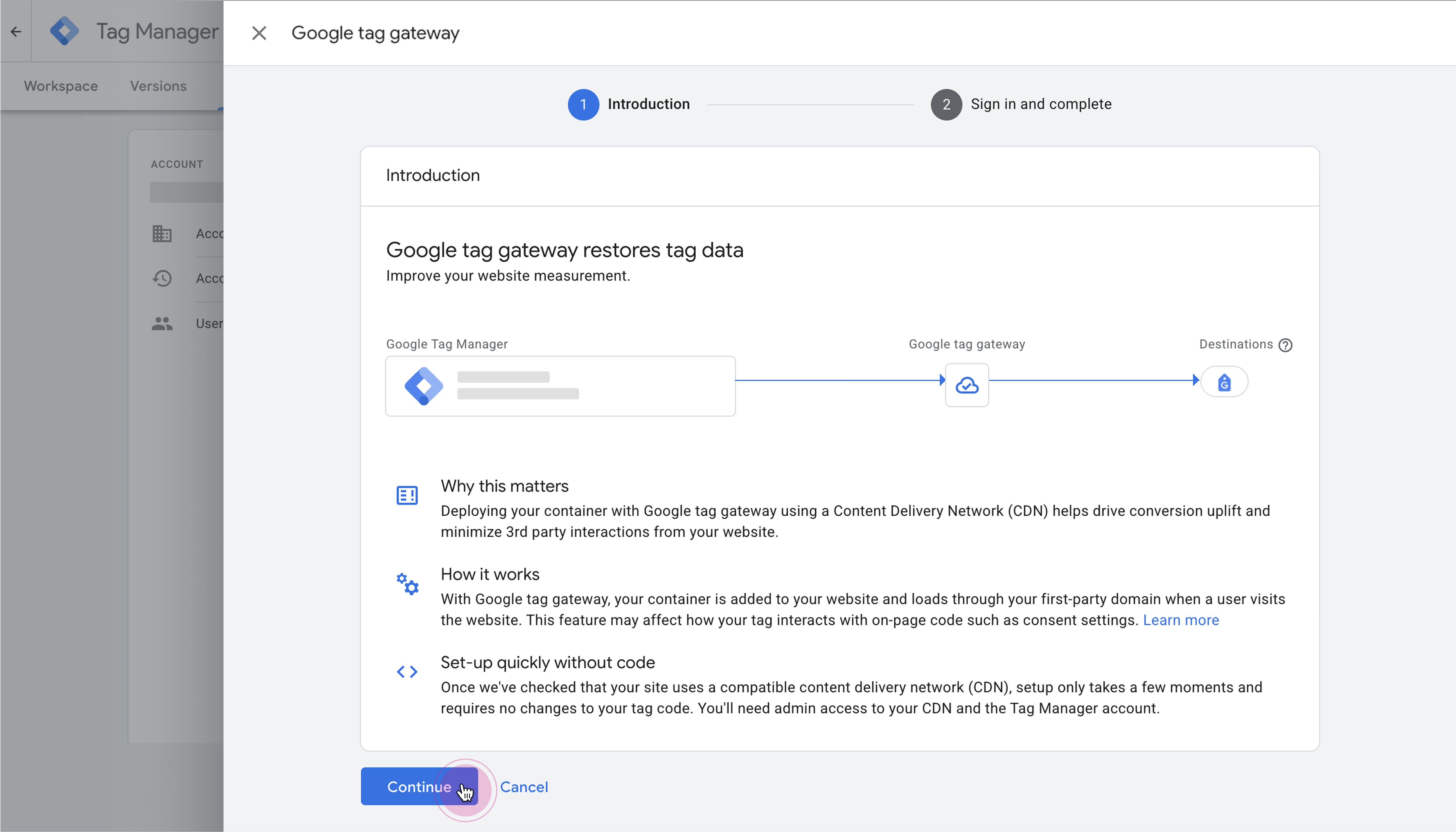 Google tag gateway setup in Google Tag Manager second step