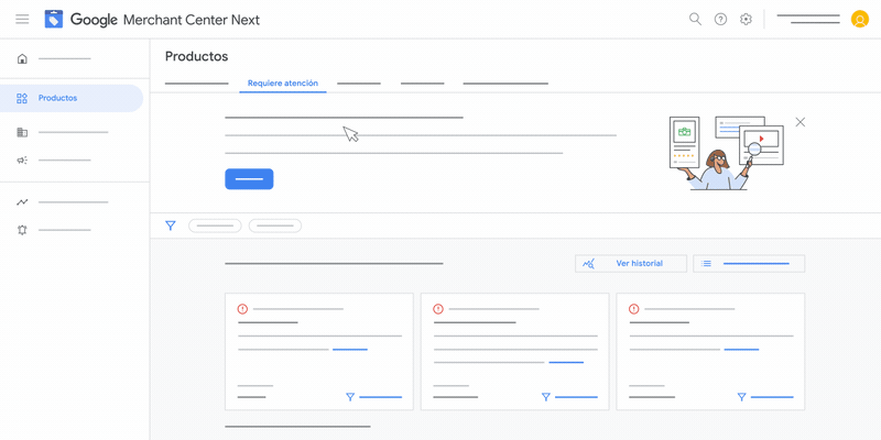 Esta animación te muestra cómo ver el historial de estados de tu producto en Google Merchant Center Next.