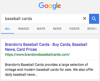 Sample plain blue link search result for "baseball cards"
