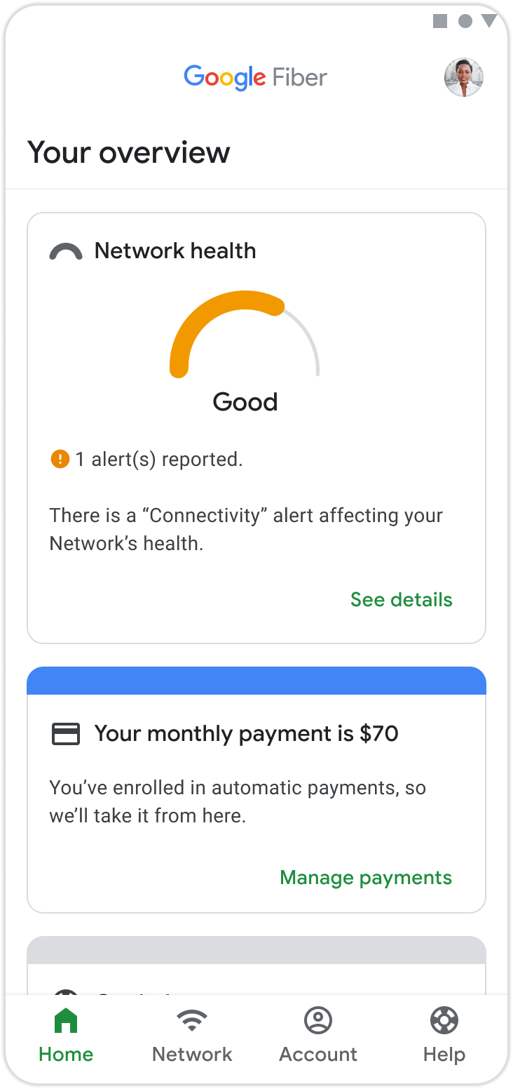 An image of the Network Health feature showing a Good score on the home page in the Google Fiber app to represent the completion of a Network Health test