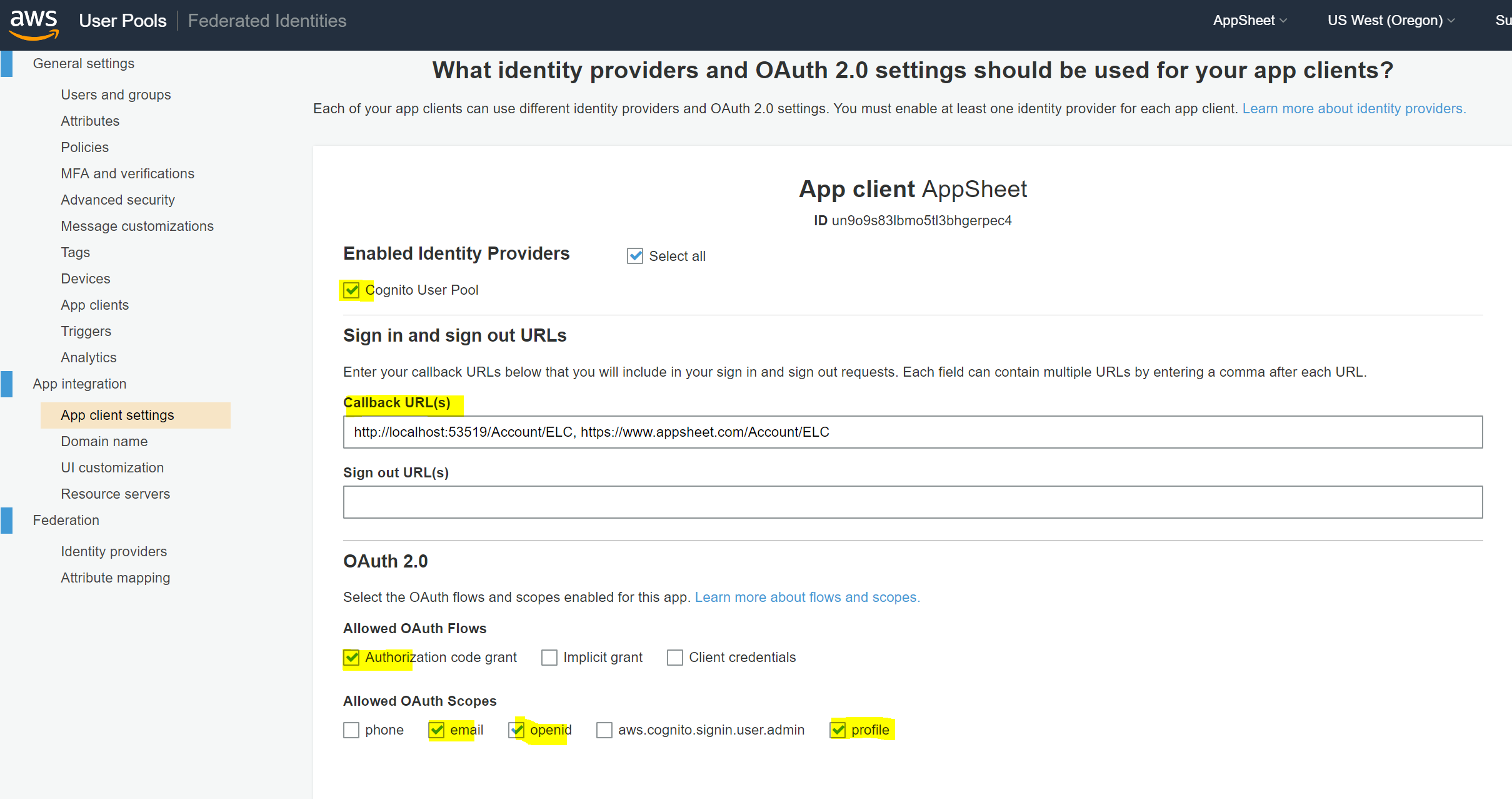 Select Cognito User Pool under Enabled Identity Providers, enter the callback URLs, and select Authorization code grant for Allowed OAuth Flows, and email, openid, and profile for Allowed OAuth Scopes in the What identity providers and OAuth 2.0 settings should be used for your app clients?