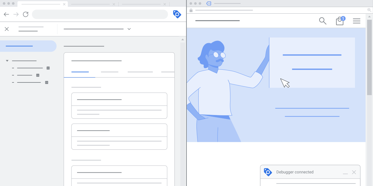 An animated UI representation of the process of completing a test conversion using Google Tag Assistant.