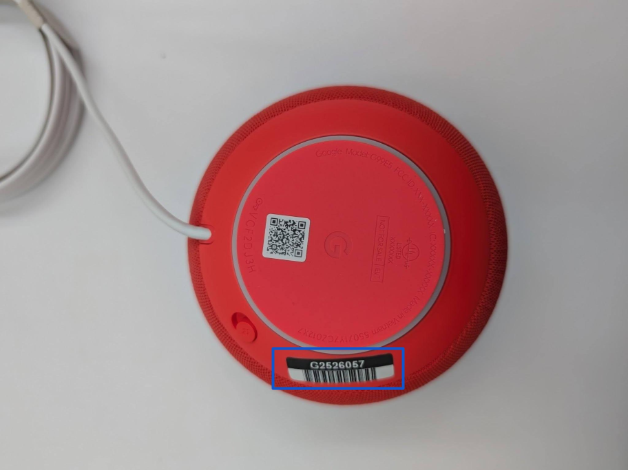 Google Home Speaker serial number sticker