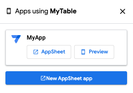 Apps using MyTable dialog including MyApp with buttons to display in editor or preview or create a new app