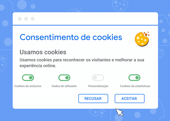 Uma animação que mostra uma faixa de consentimento de cookies e o que acontece se aceitar ou recusar cookies.