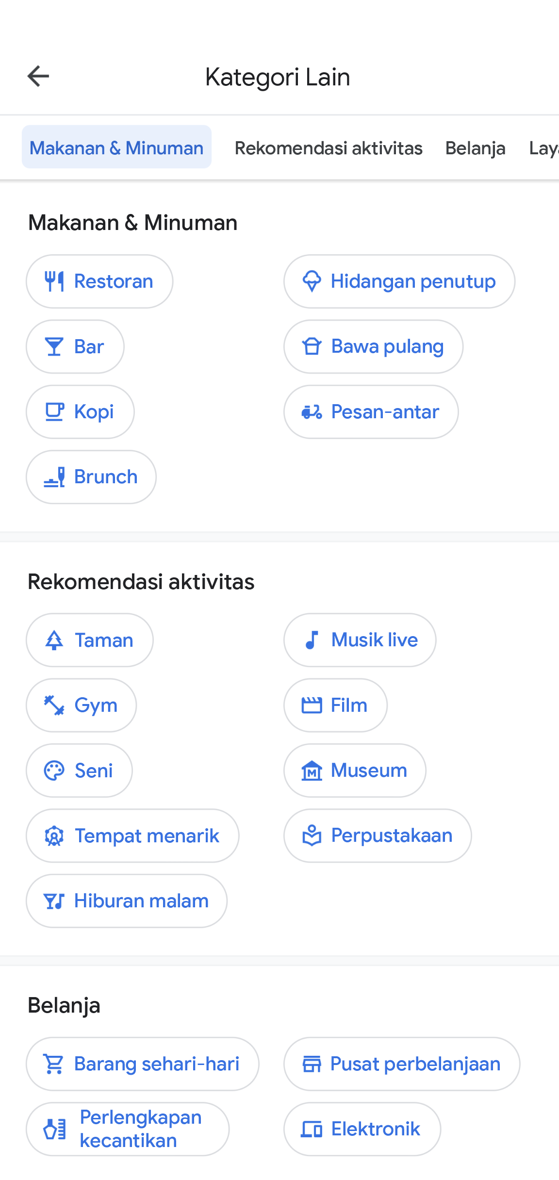 Aplikasi Google Maps menampilkan judul halaman "Kategori Lain". Kategori ini menunjukkan kategori seperti Makanan & Minuman, Rekomendasi aktivitas, dan Shopping, dengan subkategori yang akan dipilih di setiap kategori. 