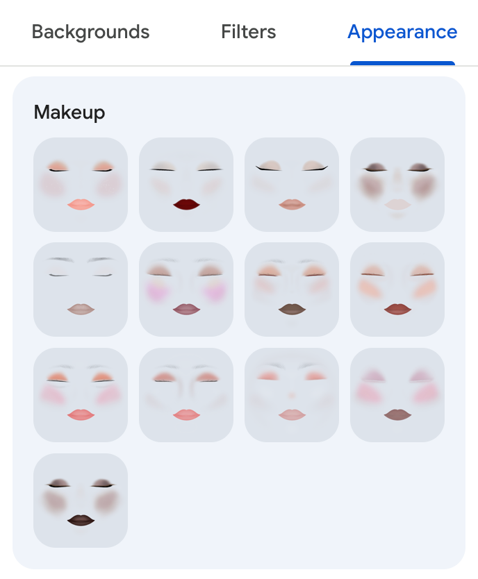 An image showing different makeup effects that users can apply during a meeting.