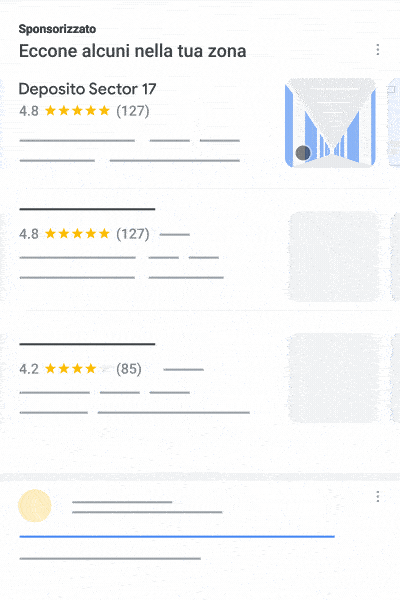 Questa animazione è un esempio di una raccolta di risultati di annunci della rete di ricerca locale, in cui il tuo annuncio mostra gli asset multimediali disponibili.