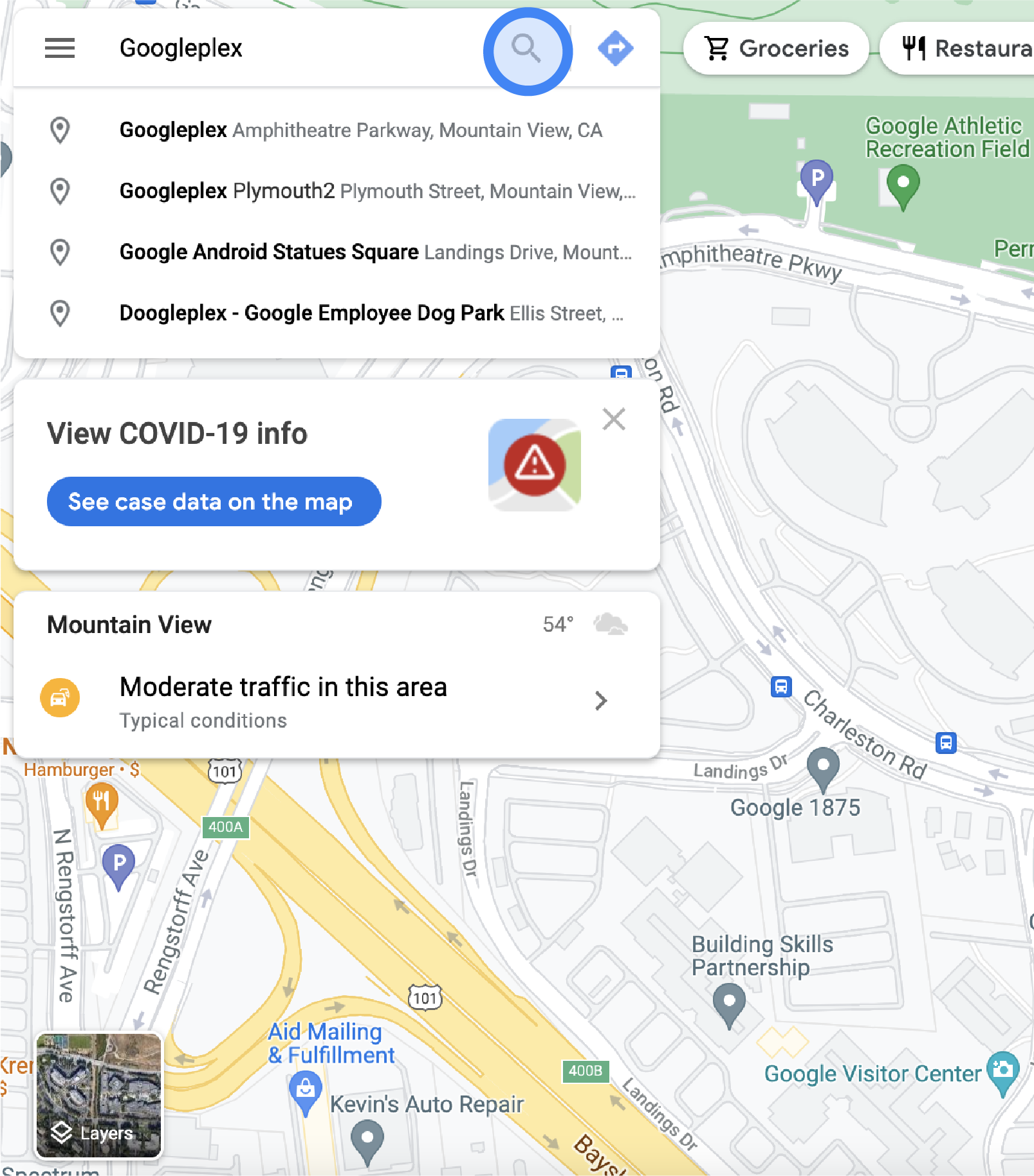 "Googleplex" is typed in the search bar on Google Maps. A list of results is displayed below.