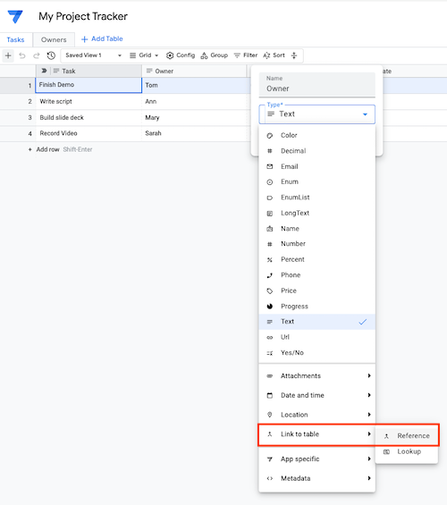 Change Owners column type to Reference