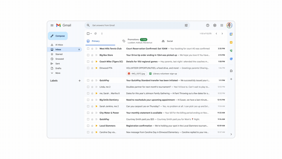 In the Gmail sidebar, the "AI Inbox" navigation button is selected, which updates the main view to display two primary sections: "Suggested to-dos" and "Topics to catch up on." This interface features interactive summary cards that the user scrolls through to the bottom of the page and back. A text disclaimer at the bottom of the screen provides additional context, stating that the visual is shortened, features are in development, availability varies by language and country, and a subscription may be required.