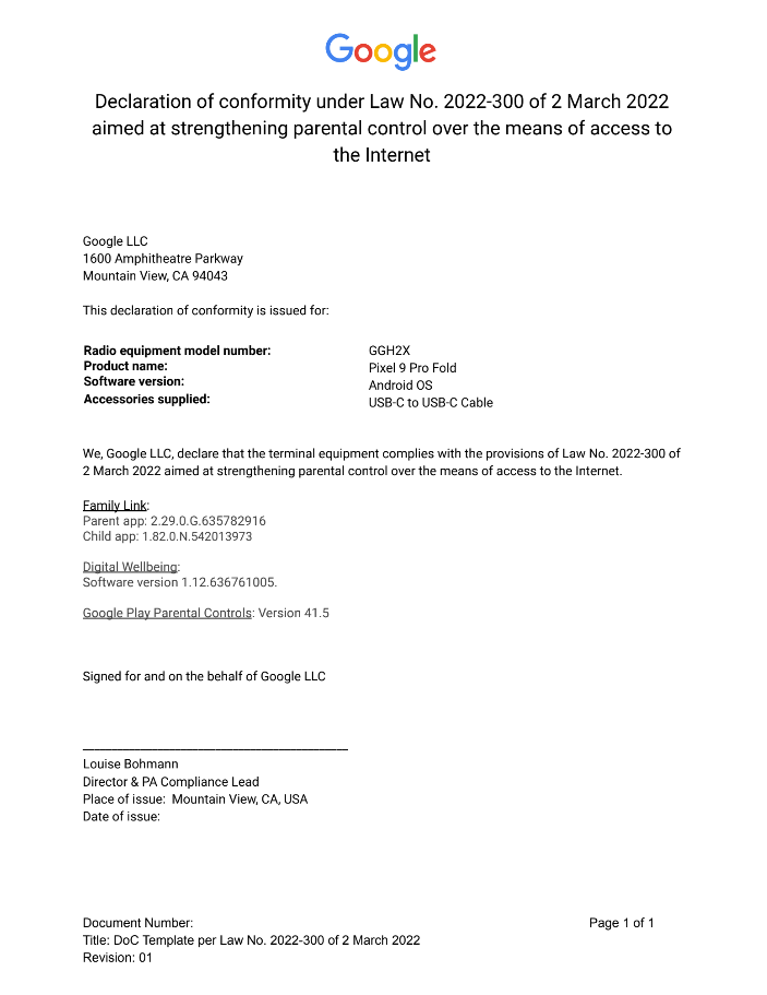Declaration of Conformity (Parental Control) Pixel 9 Pro Fold - Pixel ...