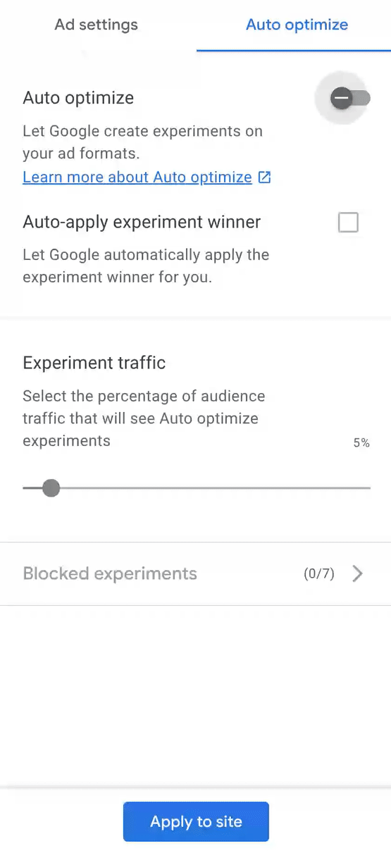 Example of selecting experiment traffic in AdSense 