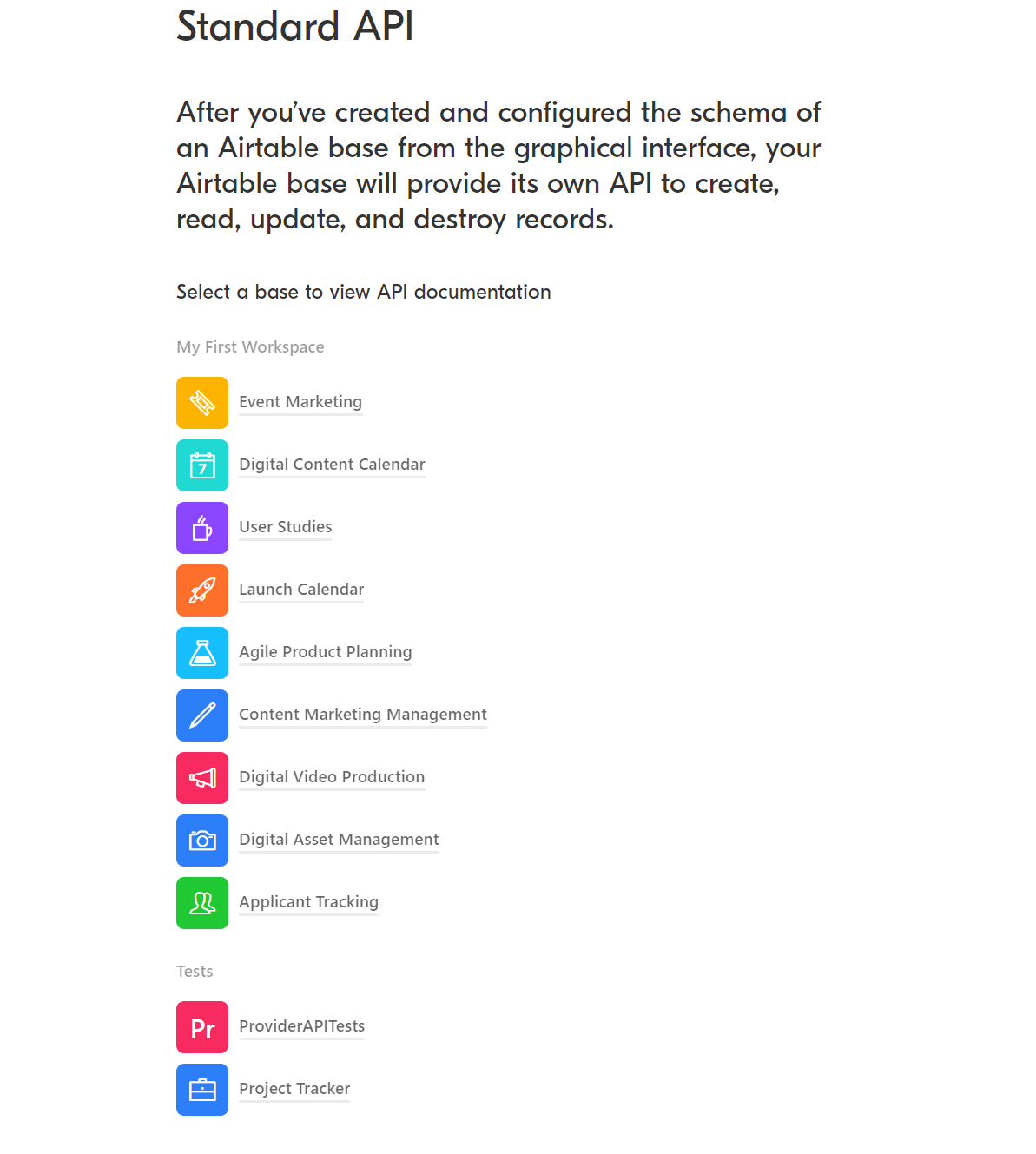 Airtable Standard API page