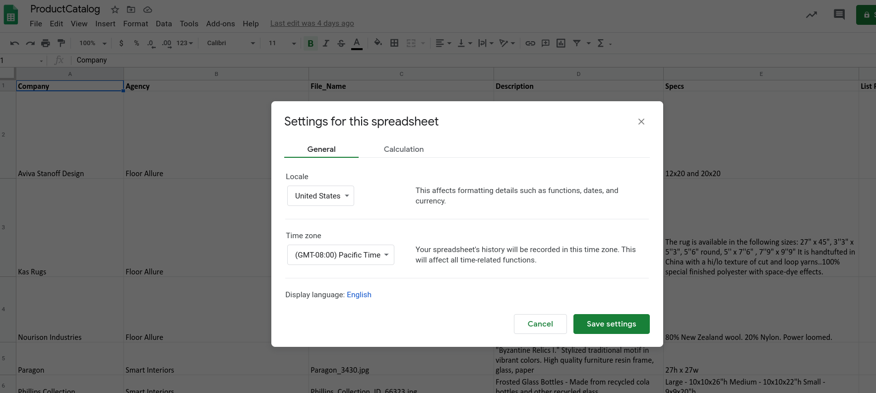 Spreadsheet settings dialog showing Locale setting under the General tab