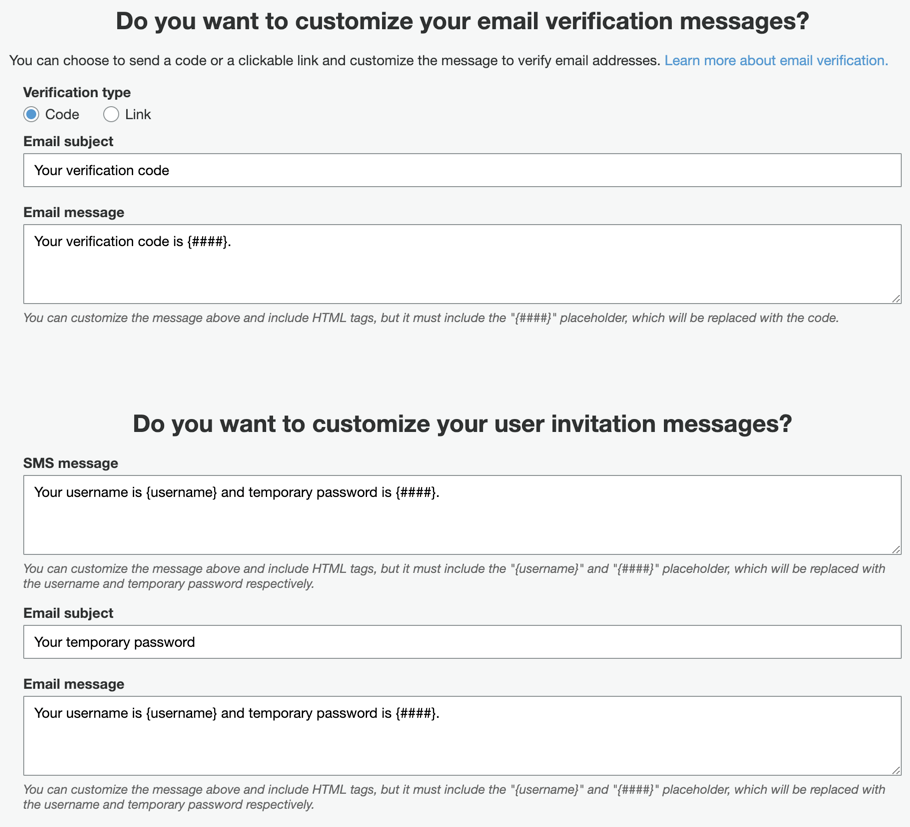 Screen available for customizing email verification and user invitation messages