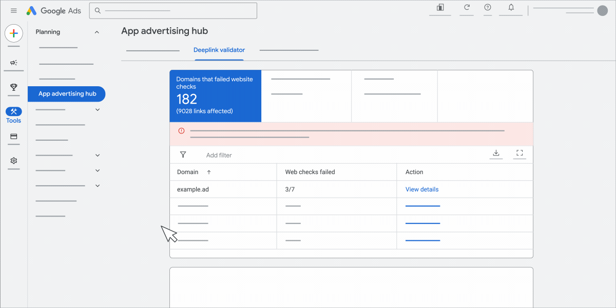 An animation showing domains that failed website checks.