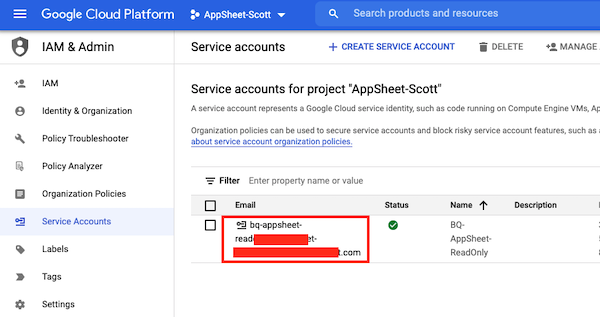 Copy email address from the BigQuery service account