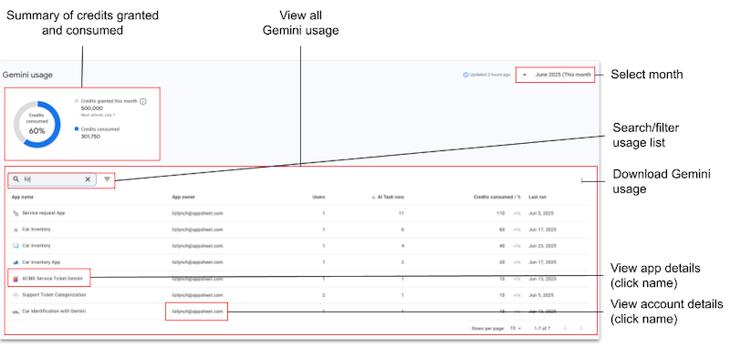 Gemini usage page in the AppSheet Admin Console