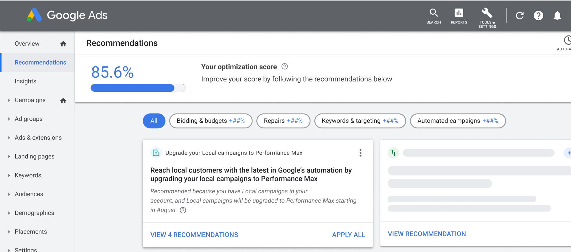 google ads recommendation of upgrading local campaigns to performance max campaign