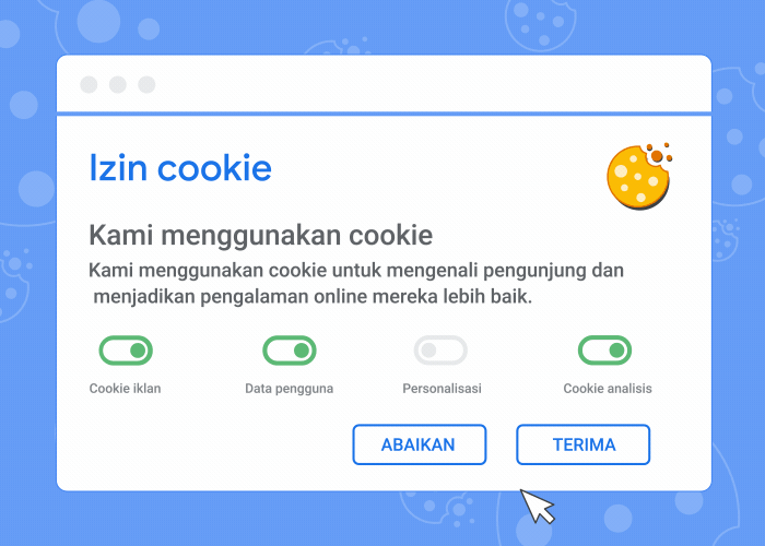 Animasi yang menampilkan banner izin cookie dan hal yang akan terjadi jika Anda menyetujui atau menolak cookie.
