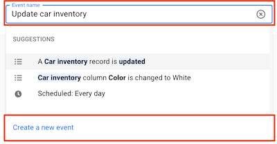 Event configuration with event name set to Update car inventory and Create a new event button highlighted