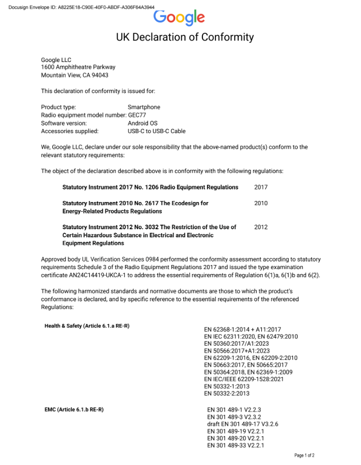 UK Declaration of Conformity page 1