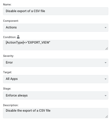 Policy to disable the export of a CSV file