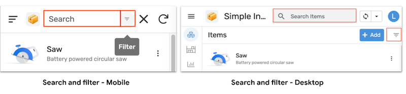 Search and filter fields on mobile and desktop
