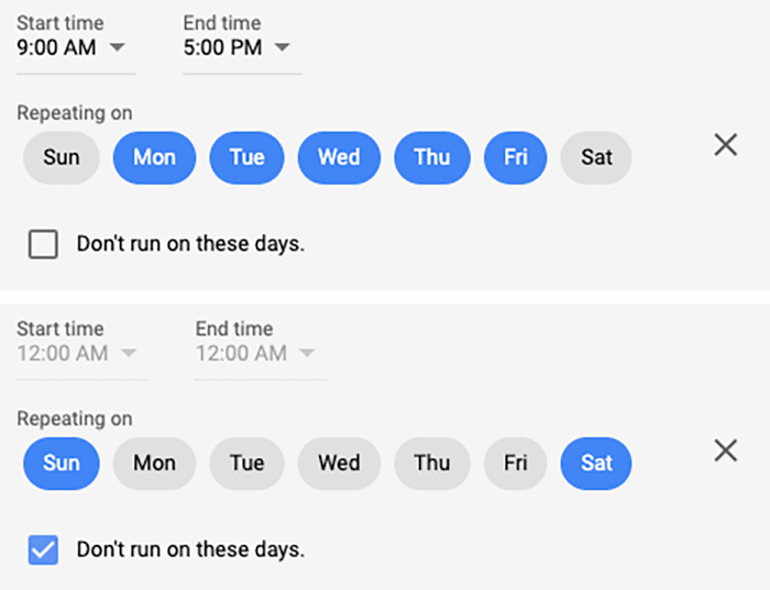 Exemplo de exibição e não exibição nesses dias para itens de linha na interface do usuário do Ad Manager