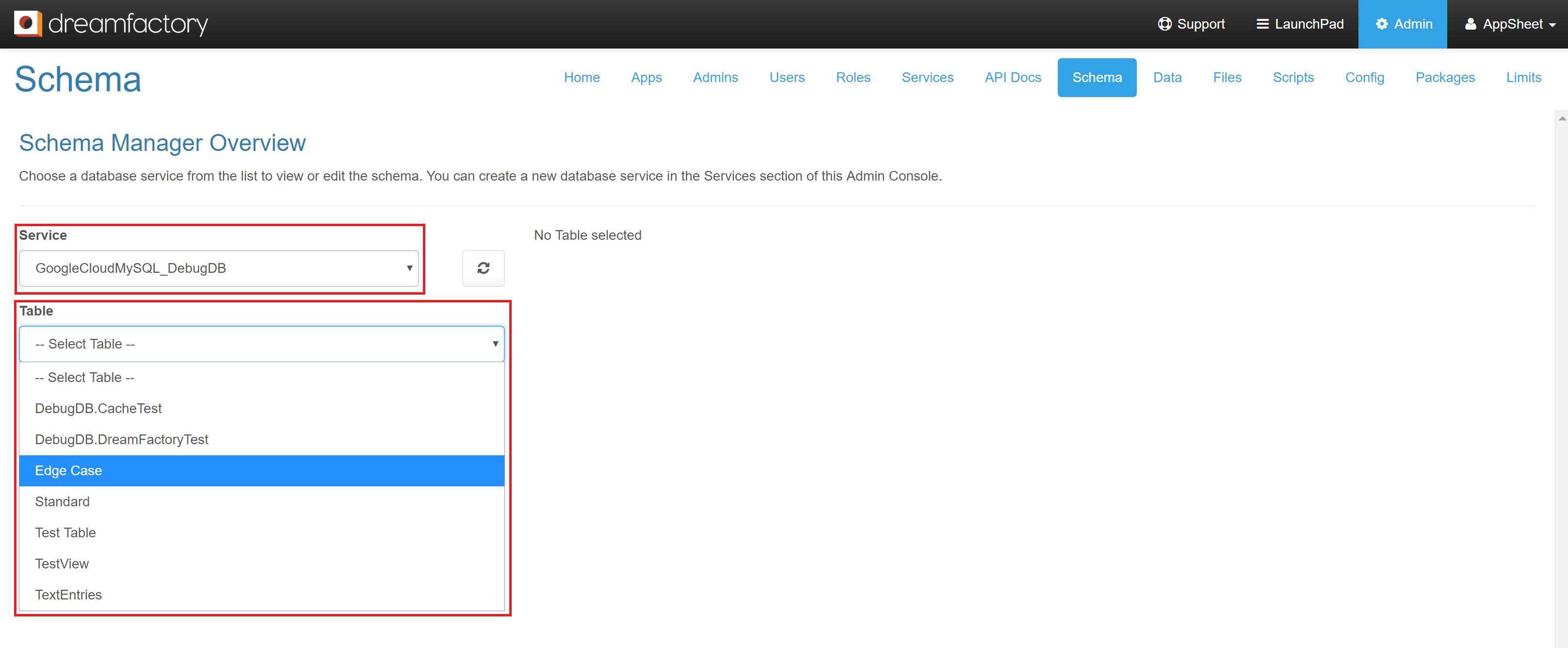 Verify DreamFactory was configured properly from the Schema tab