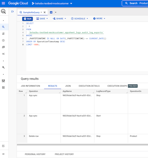 Sample query and results in Google Cloud console