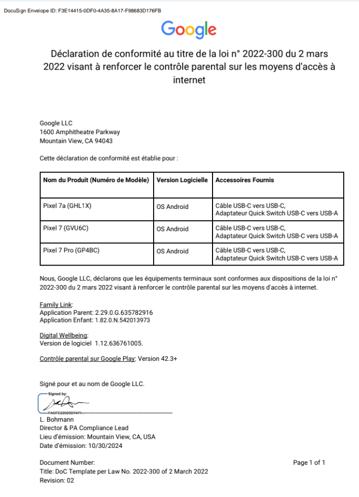 Déclaration de conformité pour le contrôle parental