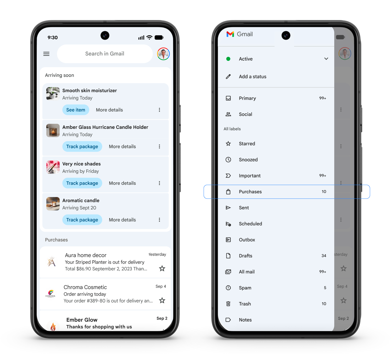 An illustration of Gmail's Purchases view, which allows you to track orders and deliveries directly in Gmail. Two phone screens show Gmail's Purchases view. The left screen shows the main inbox with an "Arriving soon" section for package tracking and a "Purchases" section for recent orders. The right screen shows the Gmail menu with the "Purchases" view highlighted.