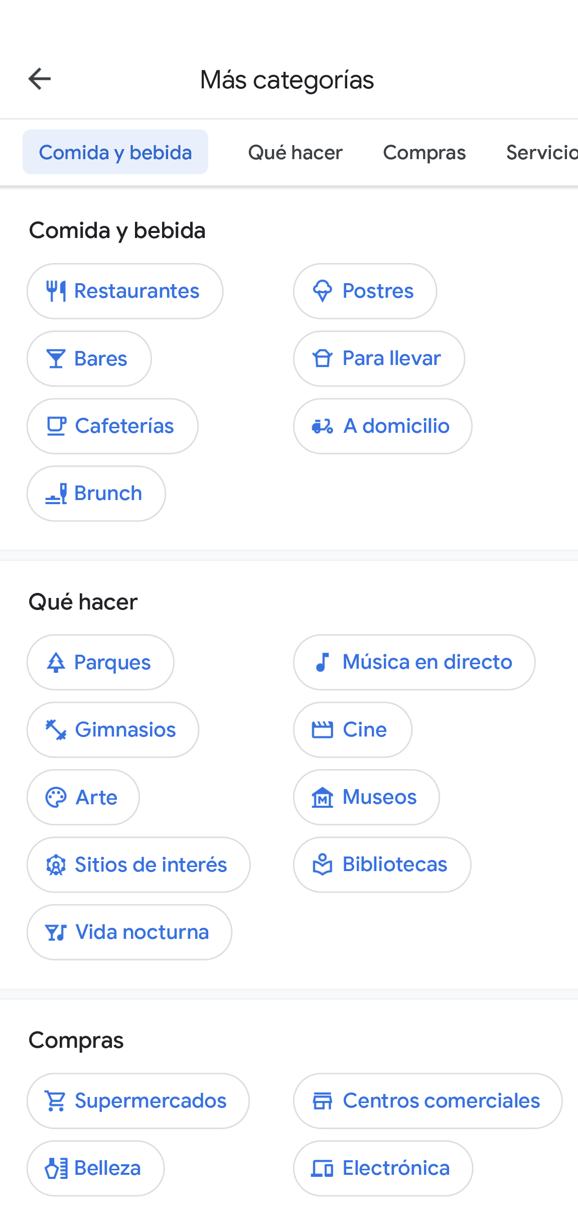 La aplicación Google Maps muestra el título de la página "Más categorías". En ella se muestran categorías como Comer y beber, Cosas que hacer y Compras, que a su vez incluyen diferentes subcategorías. 