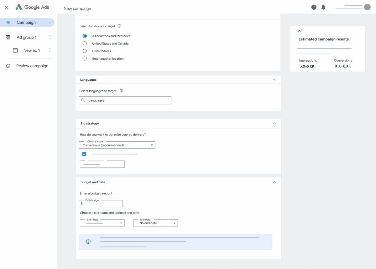 This animation shows the campaign setup options when creating a Demand Gen campaign in Google Ads.