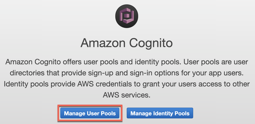 Manager User Pools button in the Amazon Cognito dialog 