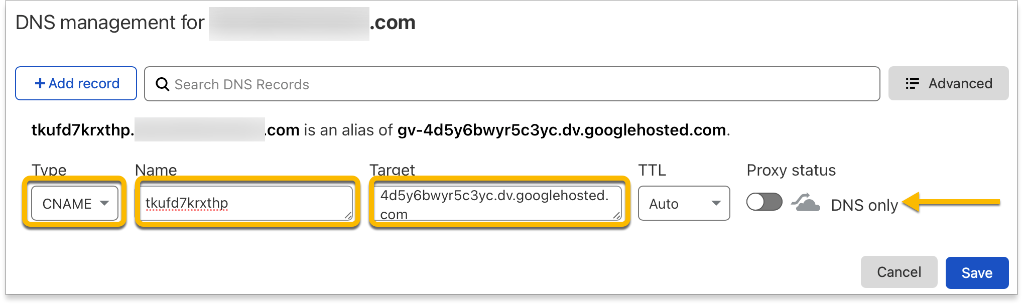 Alle Felder des CNAME-Eintrags sind vollständig.