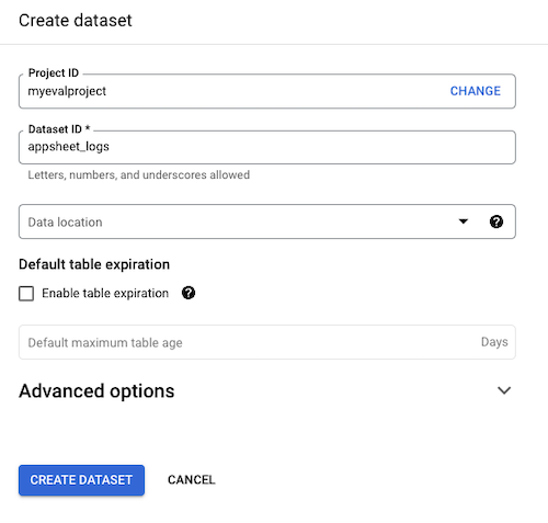 Create dataset dialog with myevalproject sert as the project ID and appsheet_logs set as the dataset ID.