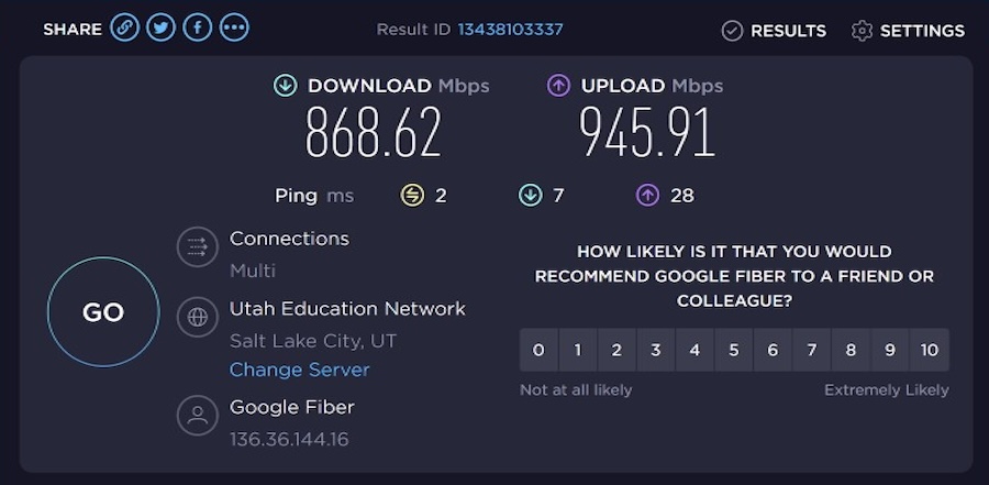 Google Fiber Speed Test Results