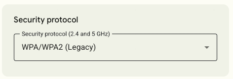 The "security protocol" tile in the GFiber customer portal. The option "WPA/WPA2 (Legacy)" is selected in the dropdown menu.