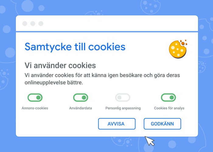 En animation som visar en samtyckesbanner för cookies och vad som händer om du godkänner eller nekar cookies.