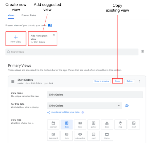 Create a new view, add a suggested view, or copy an existing view.