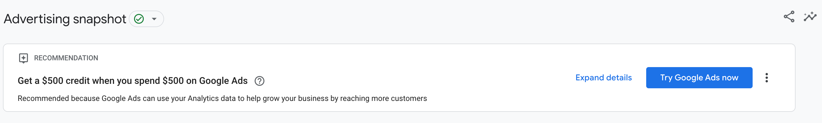 A screenshot of the "Grow your business with a Google Ads credit" recommendation on the Advertising snapshot report