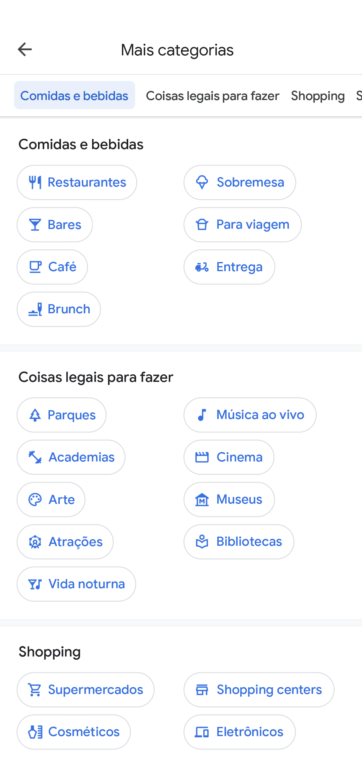 O app Google Maps tem uma página com título o "Mais categorias". Nela, você encontra opções como "Comidas e bebidas", "Coisas legais para fazer" e "Compras", além das subcategorias. 