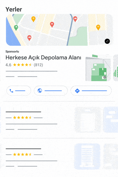 Bu animasyon, organik birimlerle birlikte gösterilen bir yerel arama ağı reklamına örnektir.