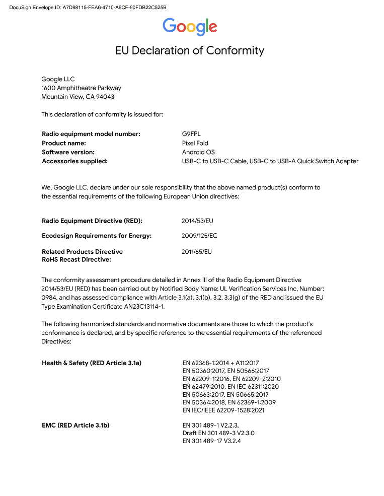 G9FPL EU Declaration of Conformity page 1