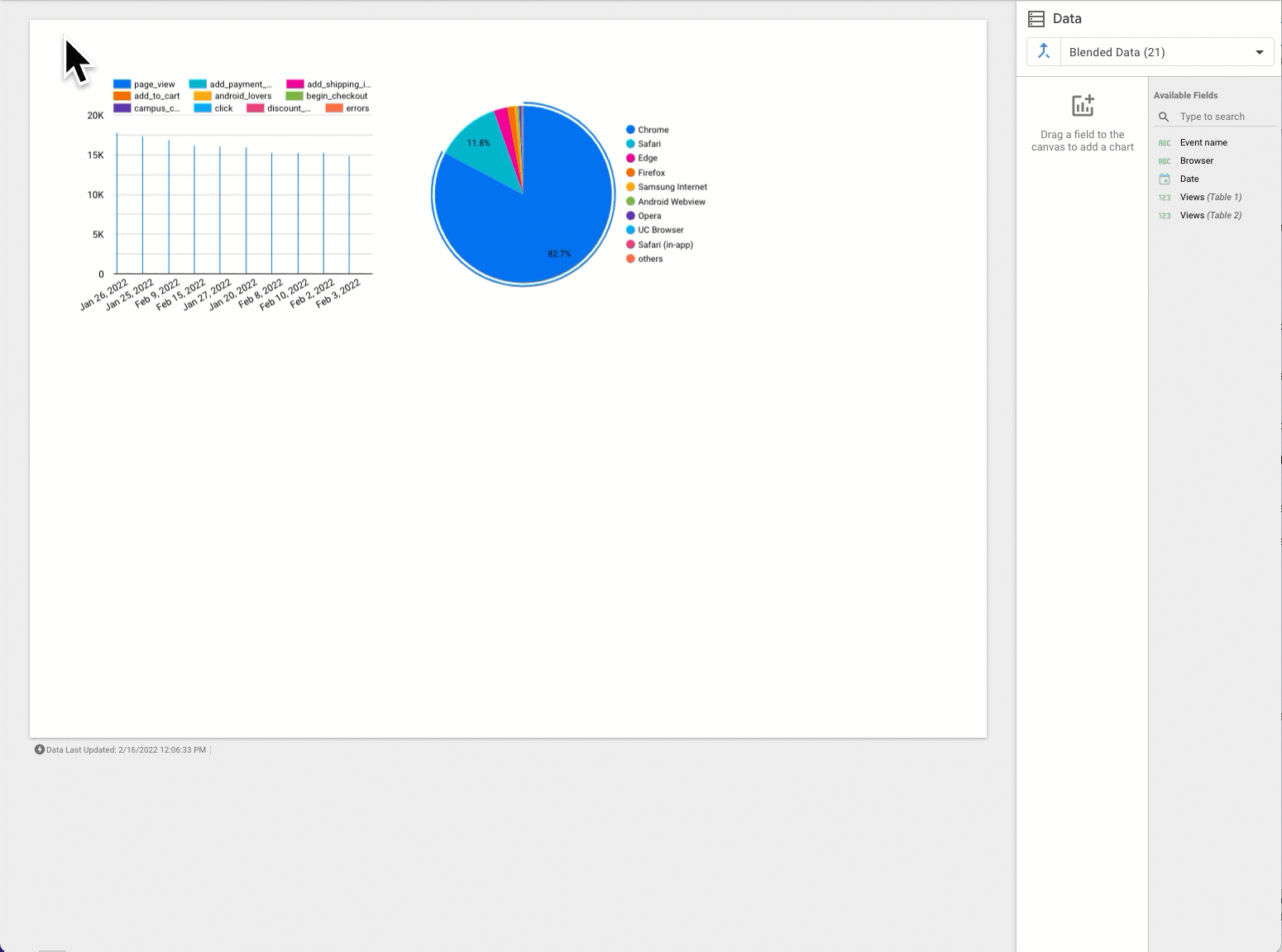 GIF animado que mostra a seleção de um gráfico de barras e de um gráfico de pizza, e depois o clique com o botão direito do mouse e a seleção de "Combinar dados".